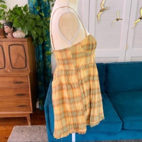 Urban Outfitters | Lorelei Crinkle Cotton Romper Plaid Yellow Orange Green Small - Picture 9 of 16